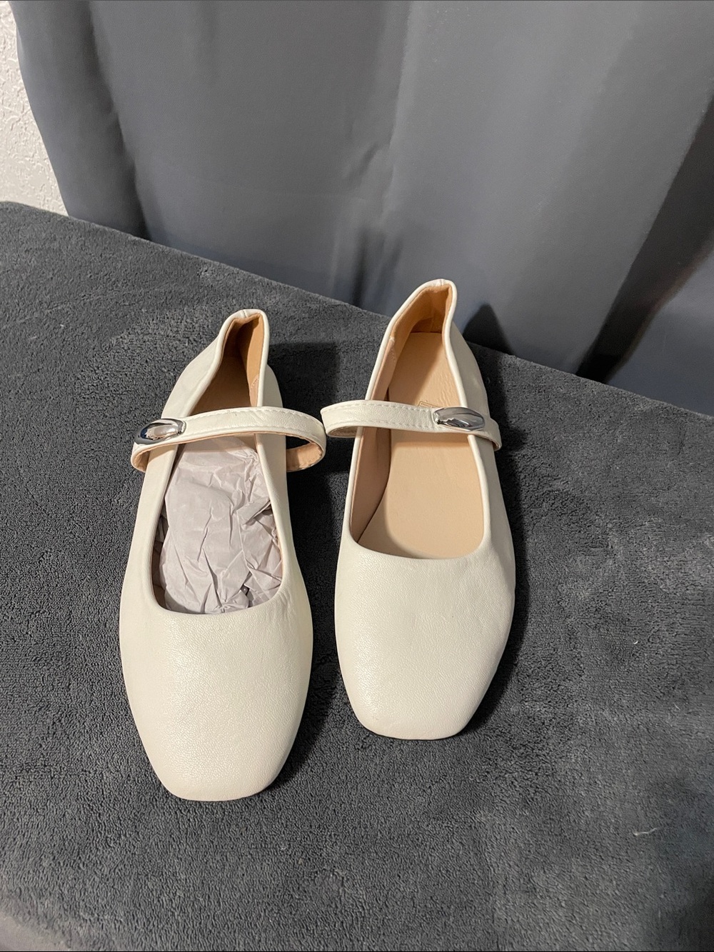 Women's Cream Mary Jane Flats with Silver Buckle